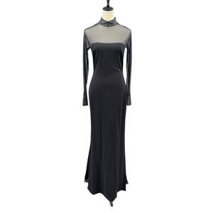Nicole Bakti Black Stretch Knit Sheer Mesh Long Sleeves Rhinestone Evening Gown